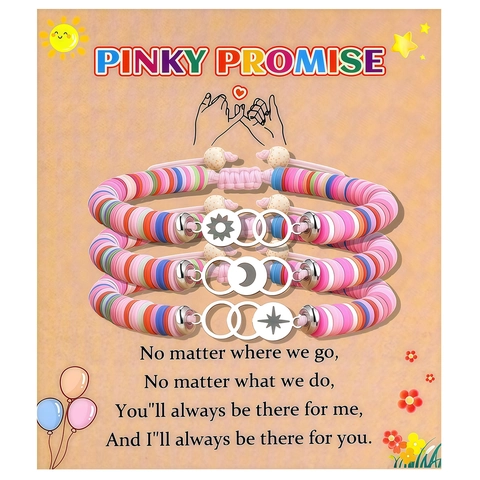 Pinky Promise Sun Moon Star Friendship Bracelets For Women Girls Couple Handmade Polymer Clay Heishi Beads Stainless Steel Heart Charm Adjustable Rope Bracelet Gift
