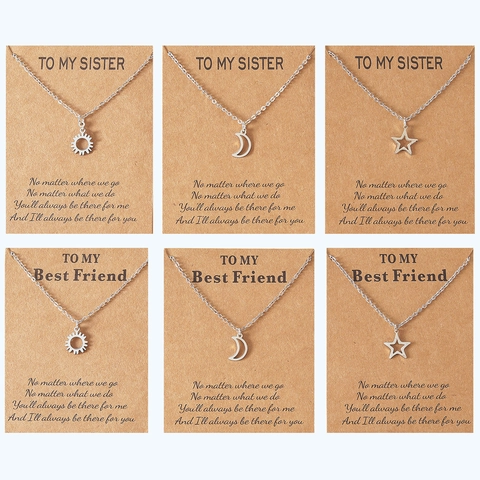 Stainless Steel Sun Moon And Star Pendant Necklaces Set For Best Friends Sisters With Greeting Cards Jewelry Gift