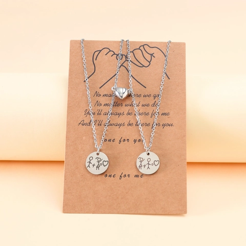 Stainless Steel Magnetic Heart Couple Matching Necklace For Friends Round Stick Figure Pendant Jewelry Anniversary Gifts