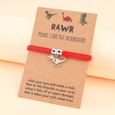 Handmade Woven Dinosaur Bracelet For Women Teens Stainless Steel Animal Charm Wish Card Bracelet Minimalist Heart Bead Adjustable Jewelry Gift