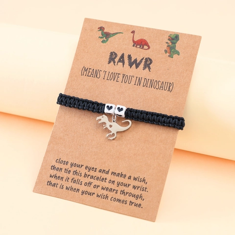 Handmade Woven Dinosaur Bracelet For Women Teens Stainless Steel Animal Charm Wish Card Bracelet Minimalist Heart Bead Adjustable Jewelry Gift