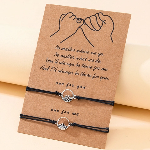 Handgefertigte Geflochtene Seil Paar Armbänder Für Herren Damen Verstellbare Legierung Berg Welle Anhänger Minimalistischer Freundschaftsschmuck Geschenk