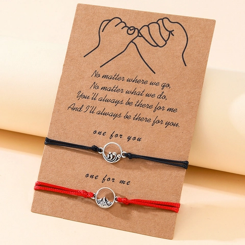 Handgefertigte Geflochtene Seil Paar Armbänder Für Herren Damen Verstellbare Legierung Berg Welle Anhänger Minimalistischer Freundschaftsschmuck Geschenk