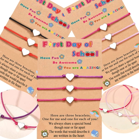 Ensemble Bracelet Cœur Rentrée Scolaire pour Mère Fille Femme Charme Cœur en Cuivre Cordon Tissé Réglable Bijoux Cadeau