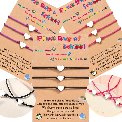 Ensemble Bracelet Cœur Rentrée Scolaire pour Mère Fille Femme Charme Cœur en Cuivre Cordon Tissé Réglable Bijoux Cadeau