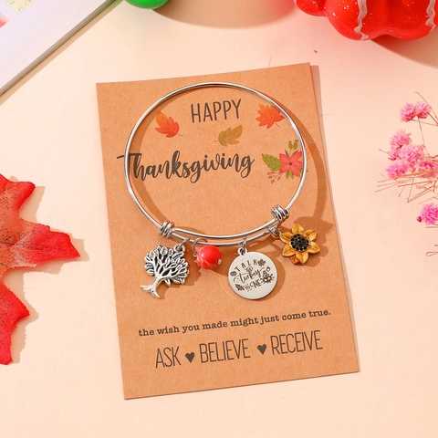 Bracelet Jonc Ajustable en Acier Inoxydable Action de Grâces pour Femme Pendentifs Dindon Tournesol Arbre de Vie Bijoux Automne