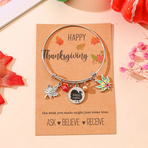 Bracelet Jonc Ajustable en Acier Inoxydable Action de Grâces pour Femme Pendentifs Dindon Tournesol Arbre de Vie Bijoux Automne