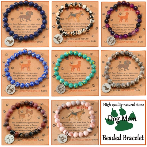 Bracelet Perlé en Pierre Naturelle Dog Mom Pendentif en Acier Inoxydable Élastique Cordon à Main Chiot Cadeau de Bijoux de la Fête des Mères pour Femmes
