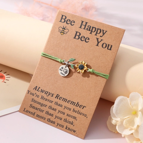 Handmade Sunflower Bee Stainless Steel Woven Bracelet Inspirational Quote Card Jewelry For Women Pastoral Style Gift