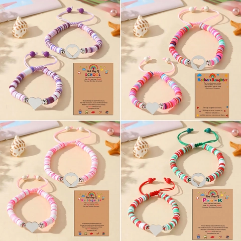 Ensemble de Bracelets Mère Fille Cœur en Pâte Polymère Fait à la Main Cordon Ciré Réglable Breloques Cœur Bijoux Cadeau