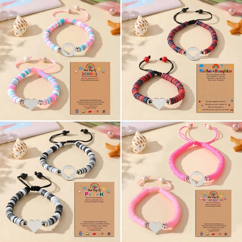 Ensemble de Bracelets Mère Fille Cœur en Pâte Polymère Fait à la Main Cordon Ciré Réglable Breloques Cœur Bijoux Cadeau
