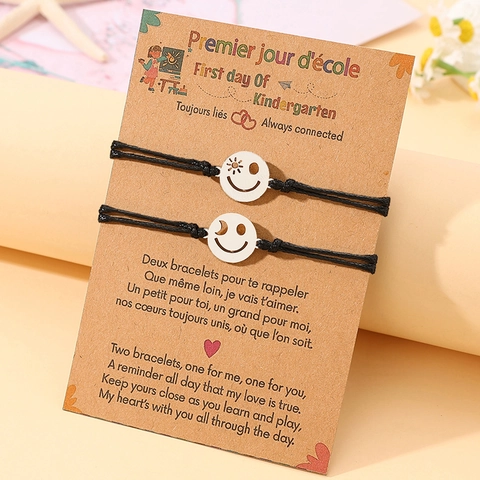 Edelstahl Sonne Mond Smiley Gesicht Handgewebtes Armband Set Mit Schulanfang Geschenkkarte Für Mutter Tochter Freunde