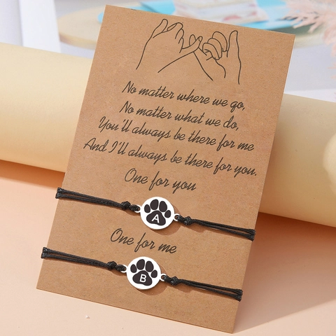 Bracelets Initiale Patte de Chat en Acier Inoxydable pour Couples Amis Tissés à la Main Corde de Cire Noire Bijoux Réglables