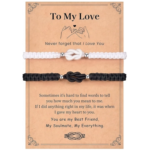 Bracelets de Couple Nœud Tressé Main Cordon Nylon Perles Alliage Bijoux Amitié Réglables Carte Cadeau Anniversaire