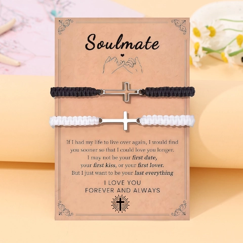 Ensemble de Bracelets en Corde Tressée avec Croix pour Couples en Acier Inoxydable Cœur Cadeau d'Anniversaire Bijoux pour Homme Femme