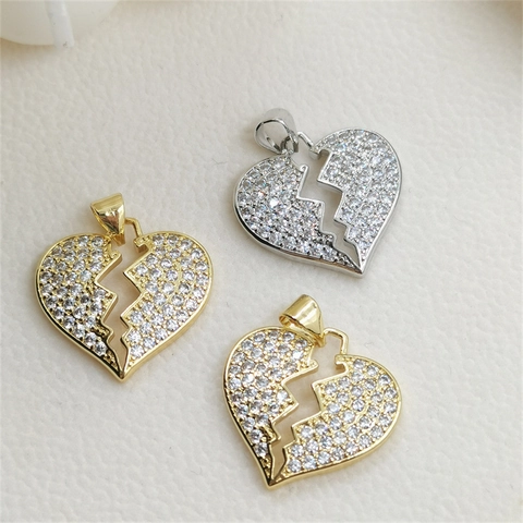 Broken Heart Pendant For Women Iced Out Rhinestone Copper Heart Charm Fashion Hip Hop Jewelry Accessory Gold Silver