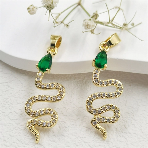 Vintage Copper Snake Pendant Only For Women Elegant Green Pear Stone Pave Rhinestone Animal Jewelry Without Chain Gold Color