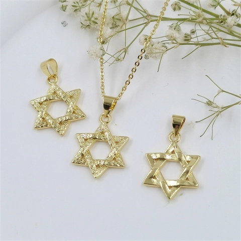 Geometric Star Of David Hexagram Pendant Necklace For Women Copper Gold Plated Relief Textured Charm Minimalist Jewelry Gift