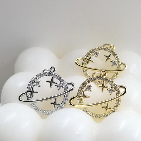 Dainty Copper Planet Saturn Pendant Only Without Chain Rhinestone Gold Silver Plated Celestial Charm For DIY Necklace Women Jewelry