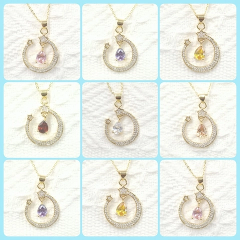Gold Plated Copper Moon Star Pendant Necklace With Pear Shaped Zirconia Elegant Celestial Jewelry For Women Daily Gift