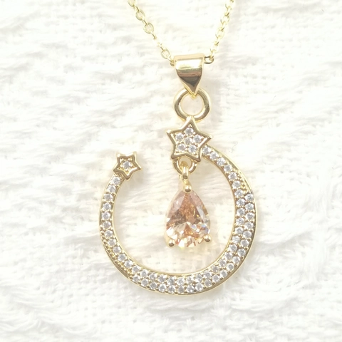 Gold Plated Copper Moon Star Pendant Necklace With Pear Shaped Zirconia Elegant Celestial Jewelry For Women Daily Gift