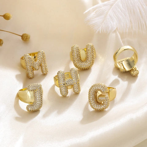 Gold Plated Copper Zirconia Initial Ring For Women 26 Alphabet Letter Adjustable Open Finger Ring Fashion Jewelry Gift