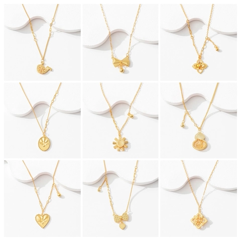 Vintage Chinese Style Copper Flower Heart Gourd Pendant Necklace For Women CNC Hollow Gold Plated Clavicle Chain Jewelry