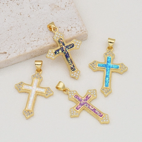 Vintage Gold Plated Copper Cross Pendant Necklace For Women Colorful Zirconia Religious Jewelry Without Chain