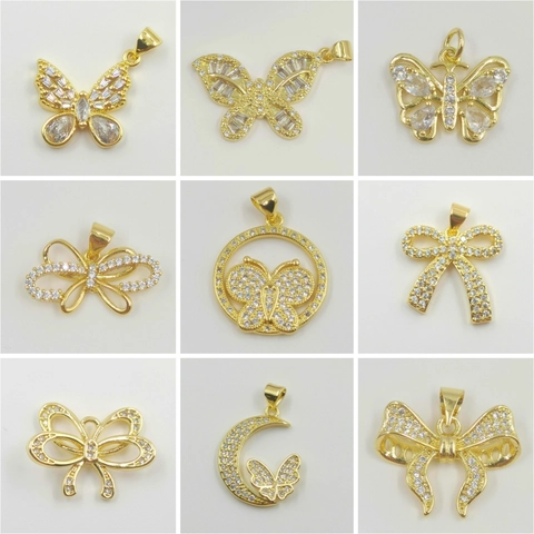 Elegant Bowknot Butterfly Pendant With Rhinestone Copper Accessory For Women Sparkling Gold Silver Plated Jewelry DIY Necklace Component