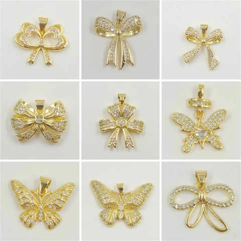 Elegant Bowknot Butterfly Pendant With Rhinestone Copper Accessory For Women Sparkling Gold Silver Plated Jewelry DIY Necklace Component
