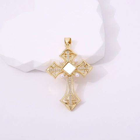 Collar Con Colgante de Cruz de Cobre Bañado en Oro Retro Con Incrustación de Zirconia Y Nácar Joyería Religiosa Para Mujeres Hombres