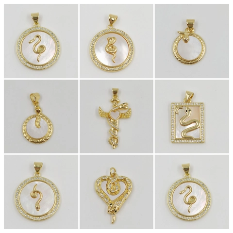 Copper Shell Snake Shape Pendant Necklace For Women Retro Bohemian Rhinestone Inlaid Gold Zodiac Jewelry DIY Accessory