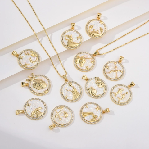Vintage Copper Zodiac Constellation Round Pendant Necklace Gold Plated White Rhinestone Artistic Retro Jewelry For Women