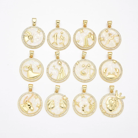 Vintage Copper Zodiac Constellation Round Pendant Necklace Gold Plated White Rhinestone Artistic Retro Jewelry For Women