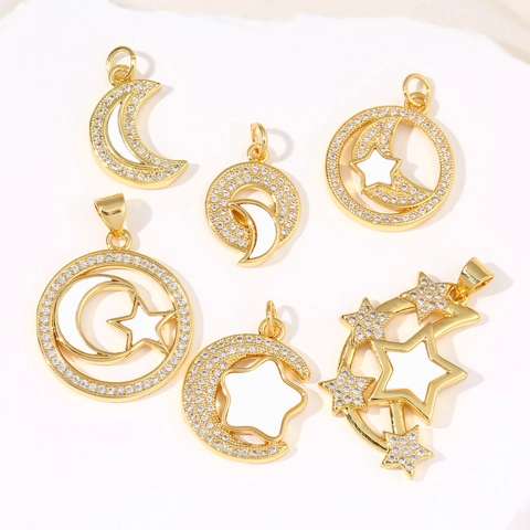 Vintage Copper Star Moon Pendant Only Without Chain For Women Rhinestone Artificial Shell Electroplated Celestial Pendant