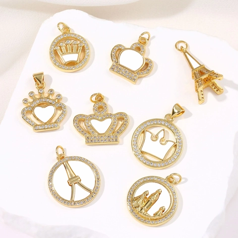 Vintage Copper Natural Shell Pendant Only (Without Chain) For Women Retro Crown Eiffel Tower Rhinestone Gold Plated Necklace Accessory