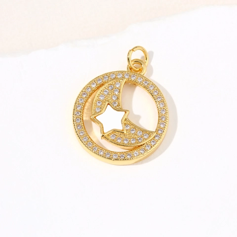 Vintage Copper Star Moon Pendant Only Without Chain For Women Rhinestone Artificial Shell Electroplated Celestial Pendant