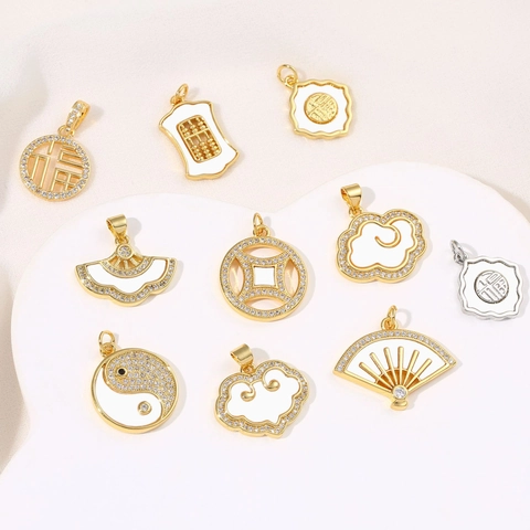 Chinese Style Copper Natural Shell Pendant Rhinestone Inlaid Ruyi Cloud Abacus Bagua Shape Women Jewelry DIY Accessory