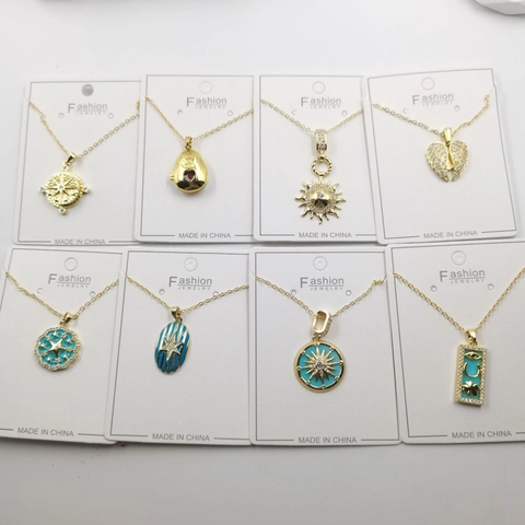 Vintage Gold Plated Copper Necklace With Enamel Octagram Sun Heart Wings Evil Eye Pendant Zirconia Inlaid Jewelry For Women