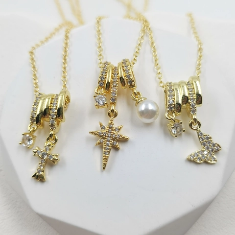 Gold Plated Copper Pendant Necklace For Women Cross Butterfly Star Shape Rhinestone Artificial Pearl Clavicle Chain Jewelry