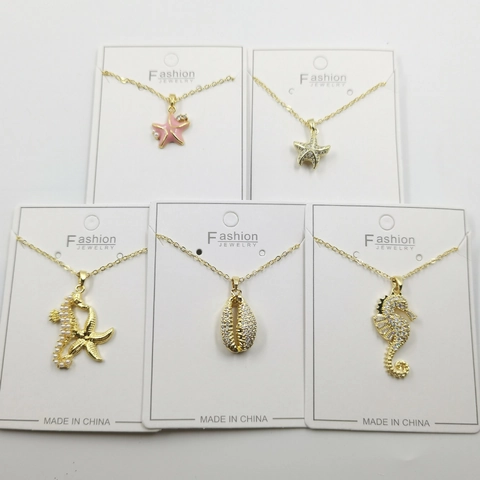Copper Ocean Seahorse Starfish Shell Pendant Necklace For Women Gold Plated Rhinestone Artificial Pearl Clavicle Chain Jewelry