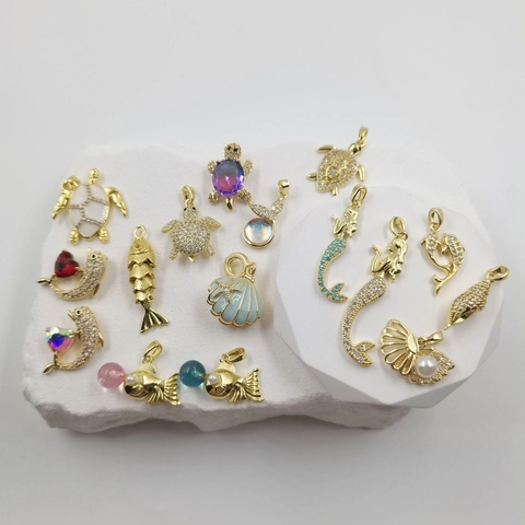 18K Gold Plated Copper Micro Zircon Marine Animals Pendant DIY Jewelry Accessories Mermaid Turtle Dolphin Shell Fish Charms