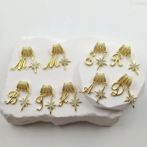 Copper Zirconia Script Initial Letter Pendant With North Star Charm For Women Gold Plated DIY Necklace Pendant Only
