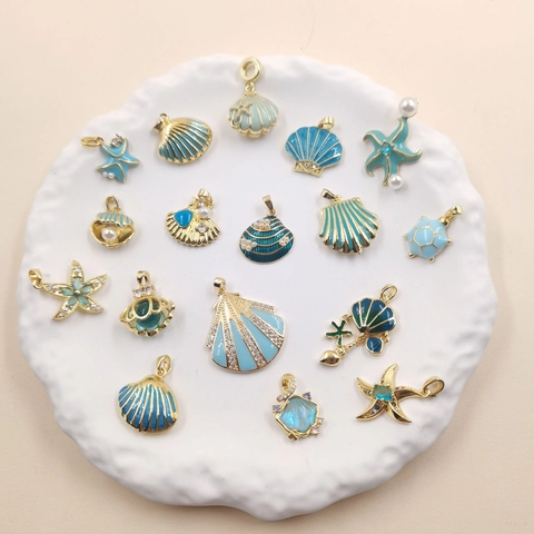 Ocean Theme Shell Starfish Pendant For Women Copper Gold Plated Enamel Zircon Artificial Pearl Marine Jewelry Accessory For Necklace