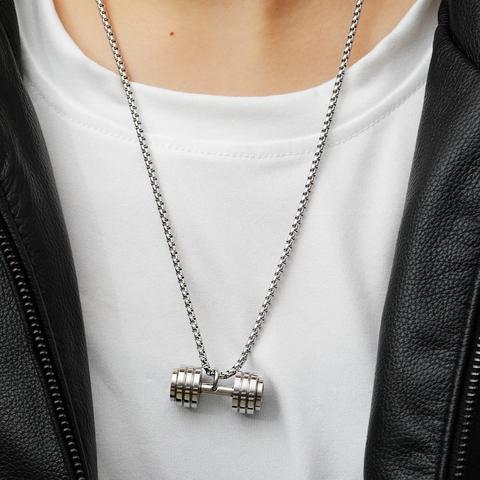 Stainless Steel Dumbbell Pendant Necklace Fitness Gym Jewelry Hip Hop Punk Barbell Charm Necklace For Men Women Accessories