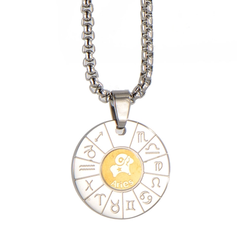 Stainless Steel Twelve Zodiac Signs Pendant Necklace Gold Silver Two Tone Constellation Round Medallion Jewelry Gift For Men Women