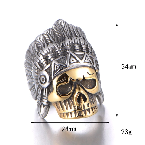 Anillo de Calavera de Jefe Indio Vintage con Plumas para Hombre Acero de Titanio Punk Gótico Biker Anillo Joyería