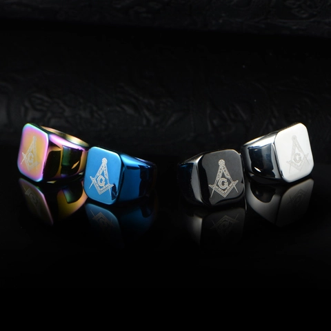 Vintage Stainless Steel Masonic Signet Ring For Men Freemasonry Square Compass Pattern Fashion Jewelry Punk Band Ring
