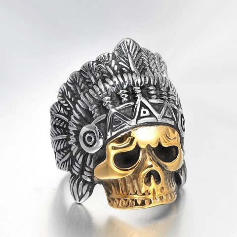 Vintage Indian Feather Chief Skull Ring For Men Titanium Steel Punk Gothic Biker Ring Retro Metallic Jewelry Accessory
