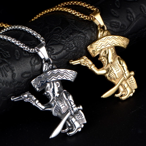 Punk Rock Stainless Steel Mexican Sombrero Clown Pendant Necklace For Men Hip Hop Streetwear Style Jewelry Gift